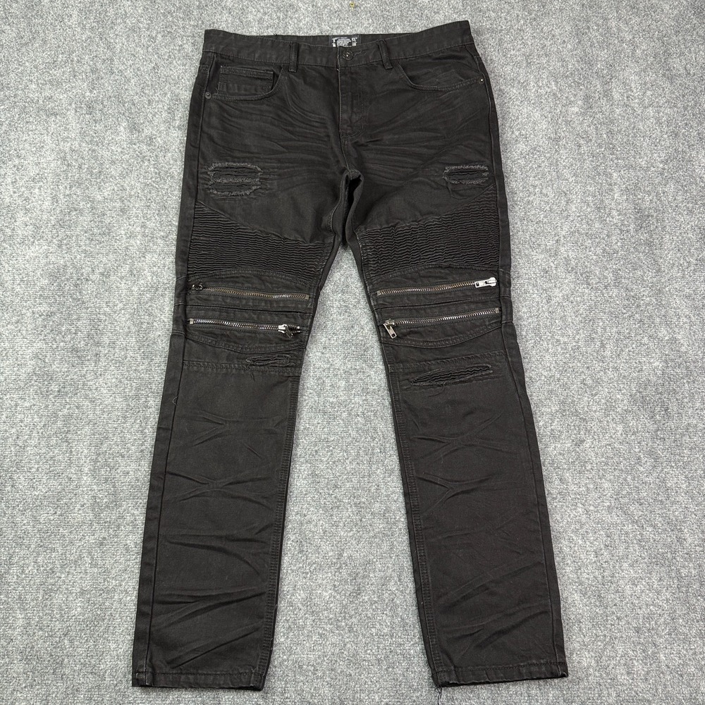 Smoke Rise Mens Jeans 38x32 Slim Straight Black Distressed Moto Biker Zipper